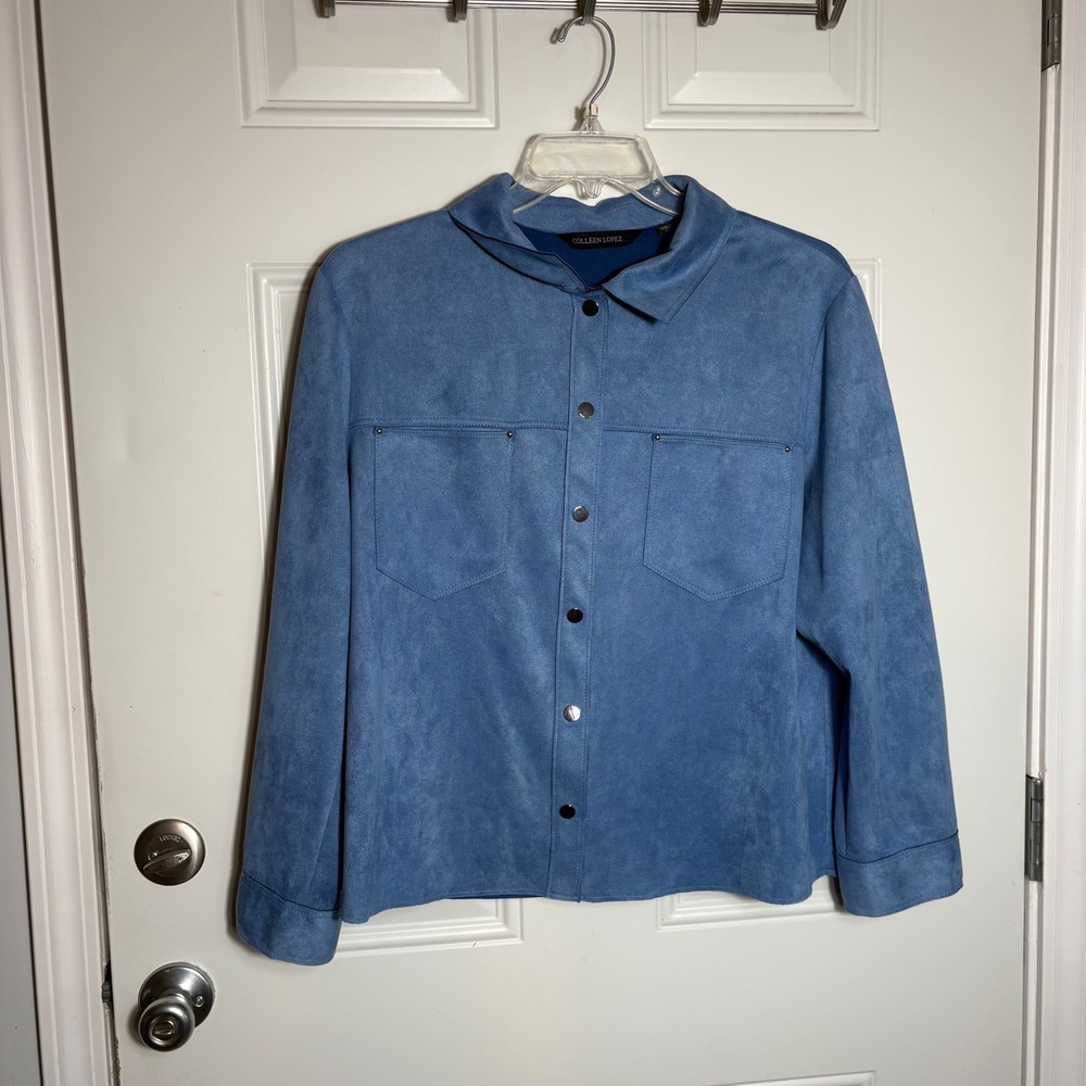 Colleen Lopez Blue Faux Suede Snap Front Shirt Jacket XL 836804 Studded Pockets